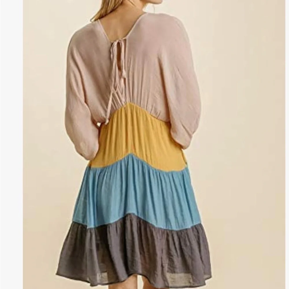 NWT Umgee Color Block Deep V Tied Back Tiered Mini Dress sz L Boho Beachy Gypsy - Picture 8 of 15